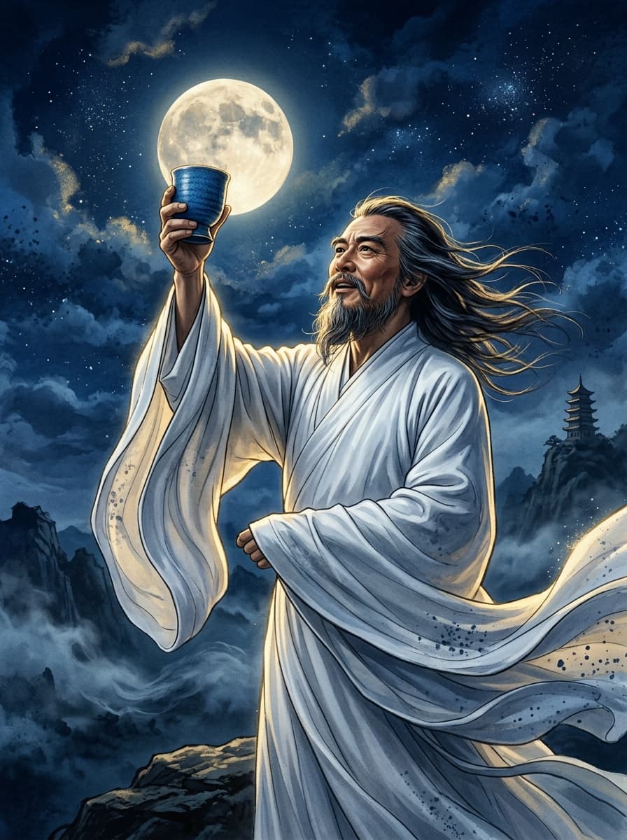 Portrait of the poet Li Bai in a windswept white robe, wine cup raised, beneath a moonlit sky.