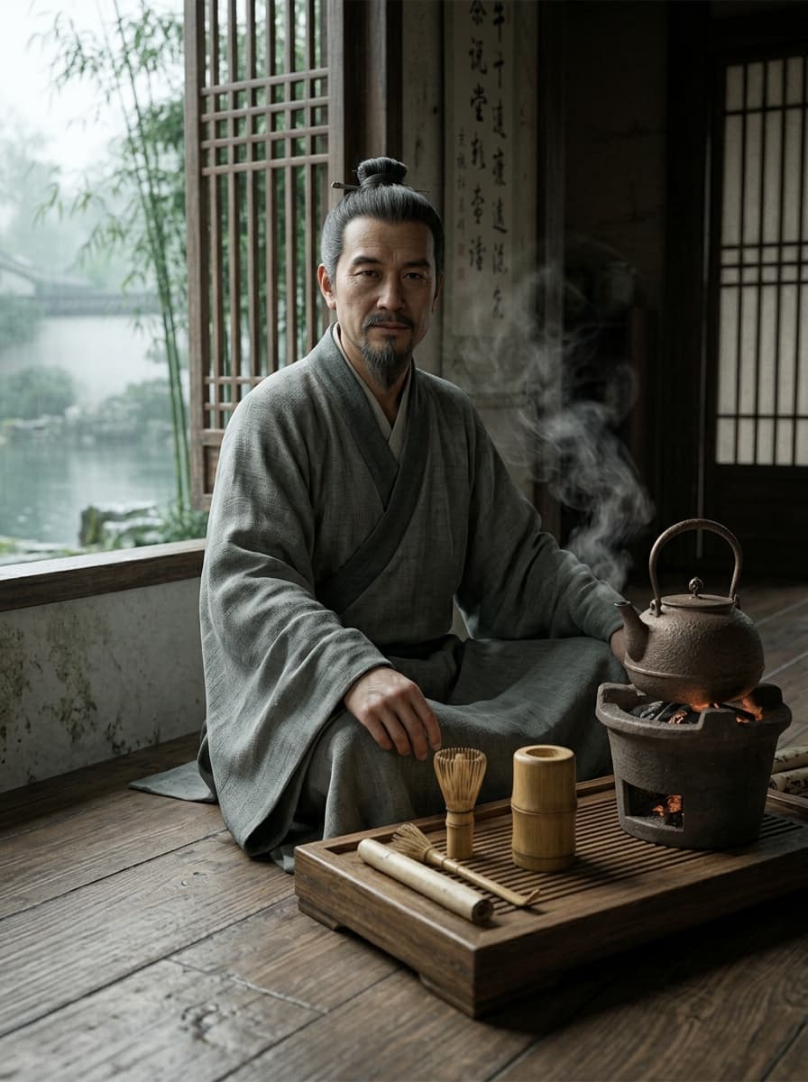 Portrait of Lu Yu, a Tang dynasty tea master in a plain grey scholar's robe, seated beside a steaming tea kettle.