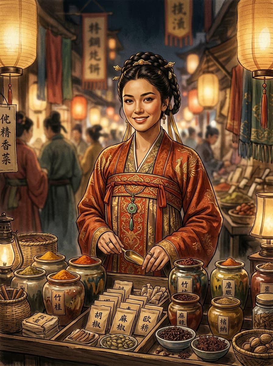 Portrait of Su Hexiang, a Tang dynasty spice merchant in a rust-red robe, standing behind a stall of jars and paper packets.