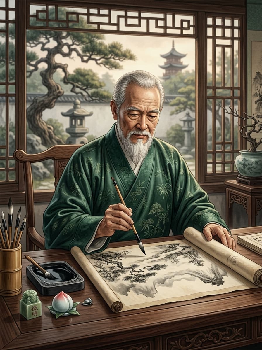 Portrait of the painter Wen Zhengming in a scholar's robe at a writing desk, brush in hand above an unfinished scroll.