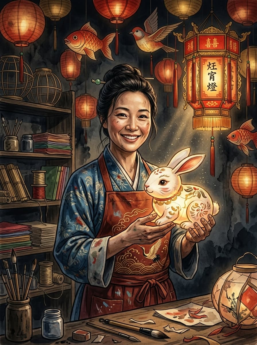 Portrait of Zhao Qiaoyun, a Song dynasty lantern maker, holding a finished rabbit-shaped lantern that glows from within.