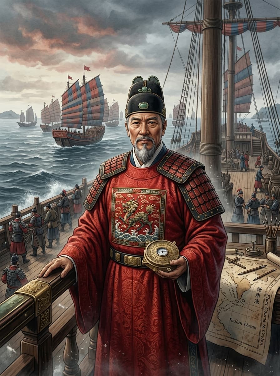 Portrait of Admiral Zheng He in Ming official's robes on the deck of a treasure ship, the fleet's sails behind him.
