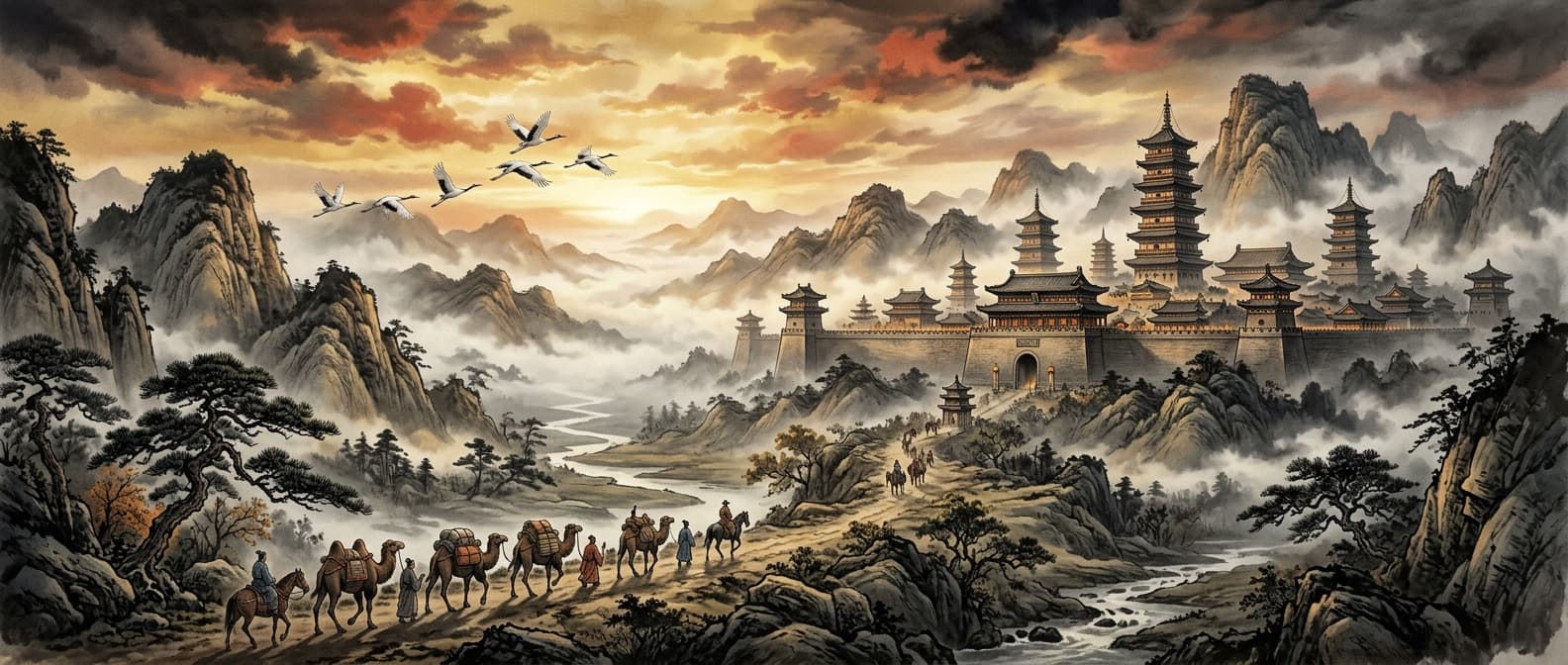 A panoramic ink-wash vista of imperial China: a walled city at dusk, distant pagodas, mountains dissolving into mist.