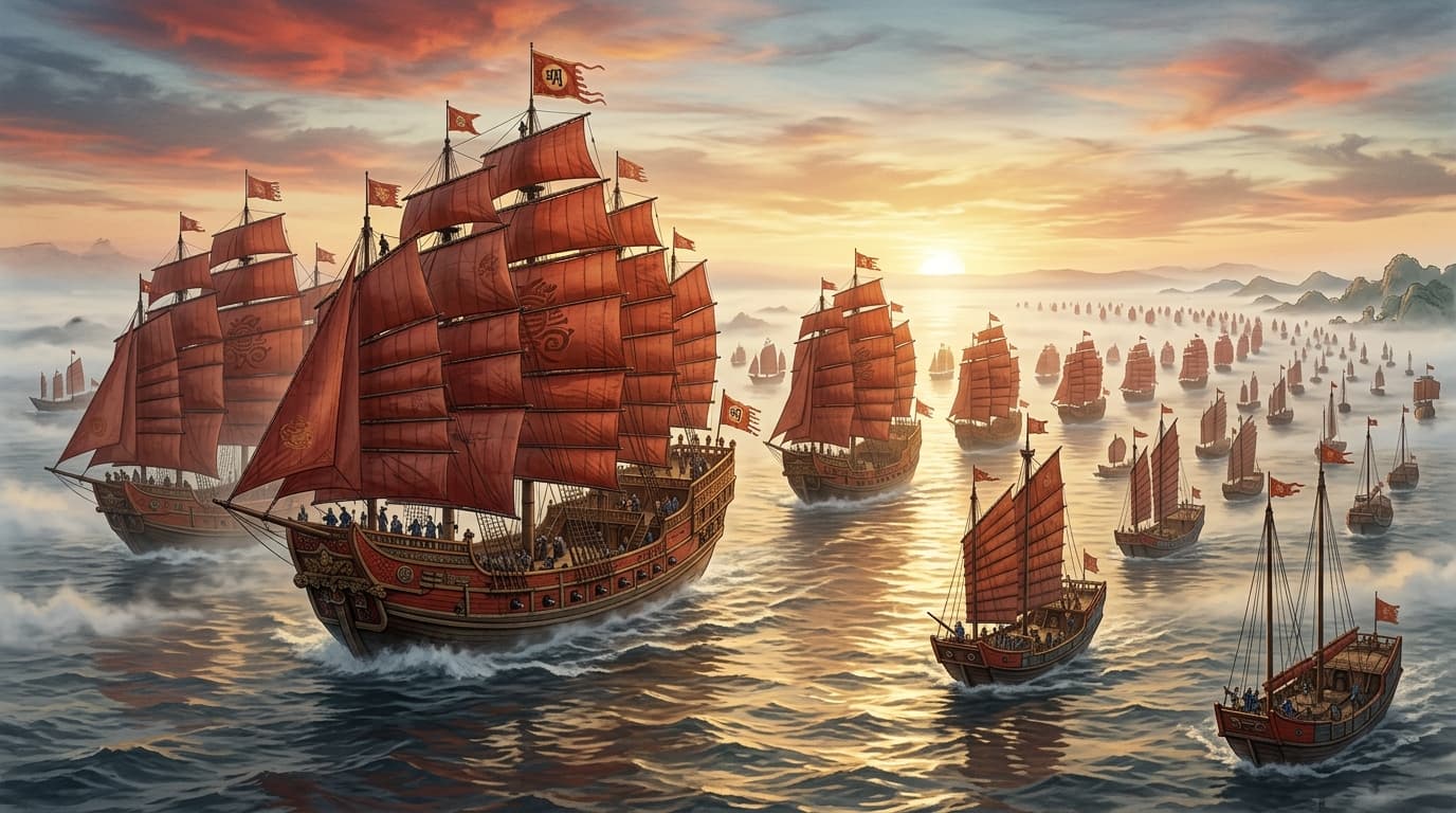 The Ming treasure fleet under full sail on open water at dawn, nine-masted flagships leading the formation.