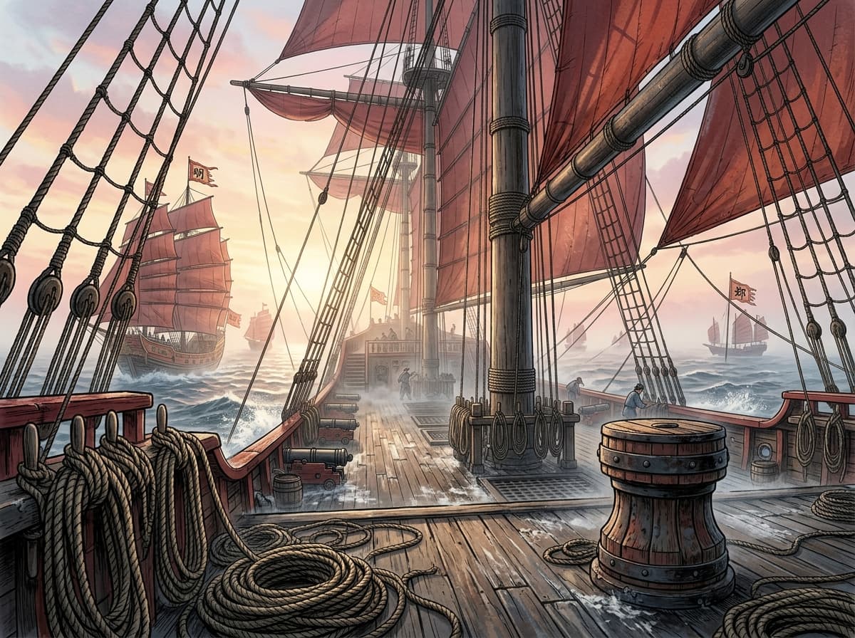 The prow of a Ming treasure ship with rigging and red sails above.