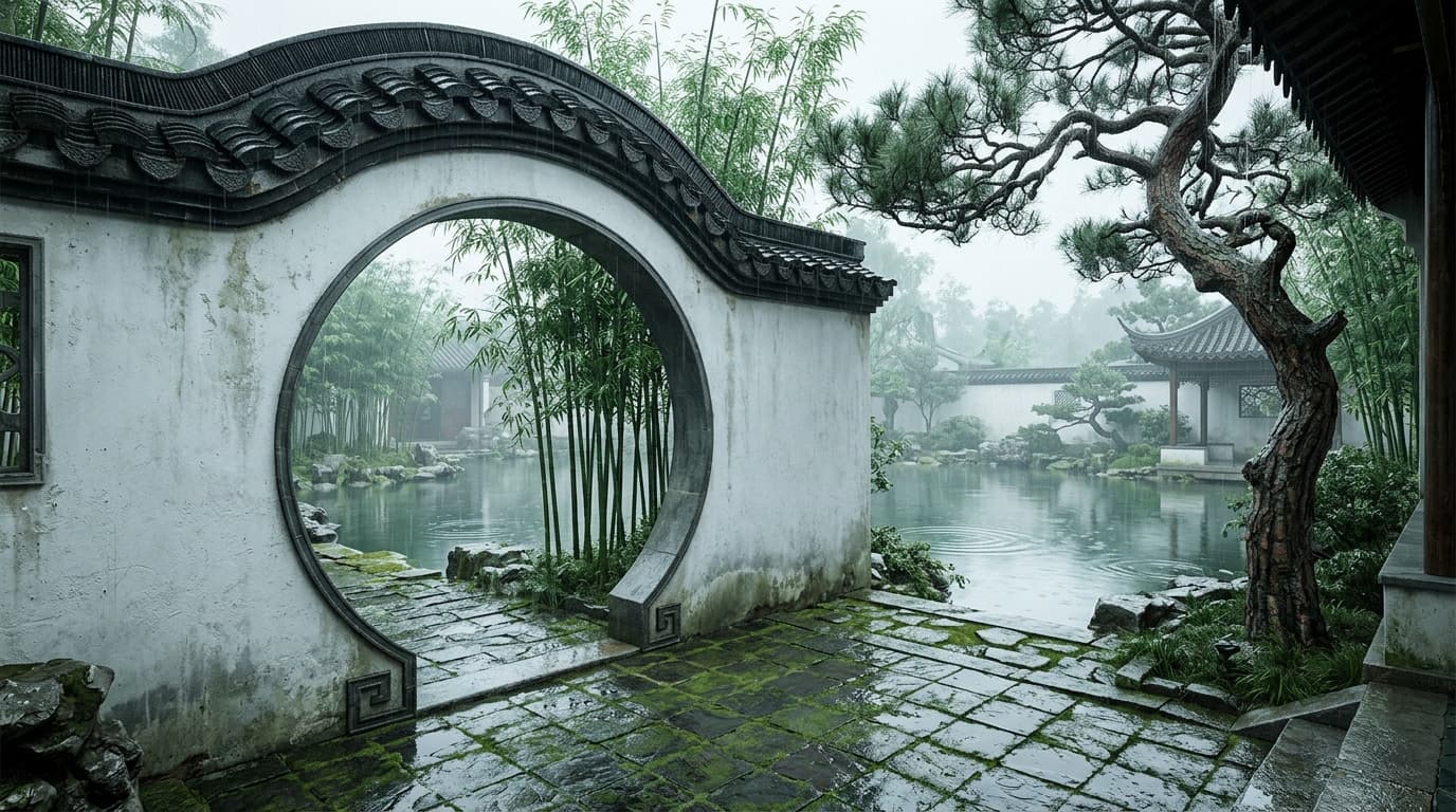 A Suzhou scholar's garden in light rain, a moon gate framing bamboo and a still pond.