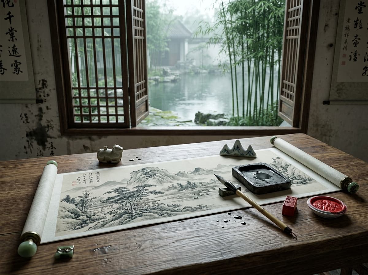 A studio window in a Ming garden with a brush, inkstone and scroll.