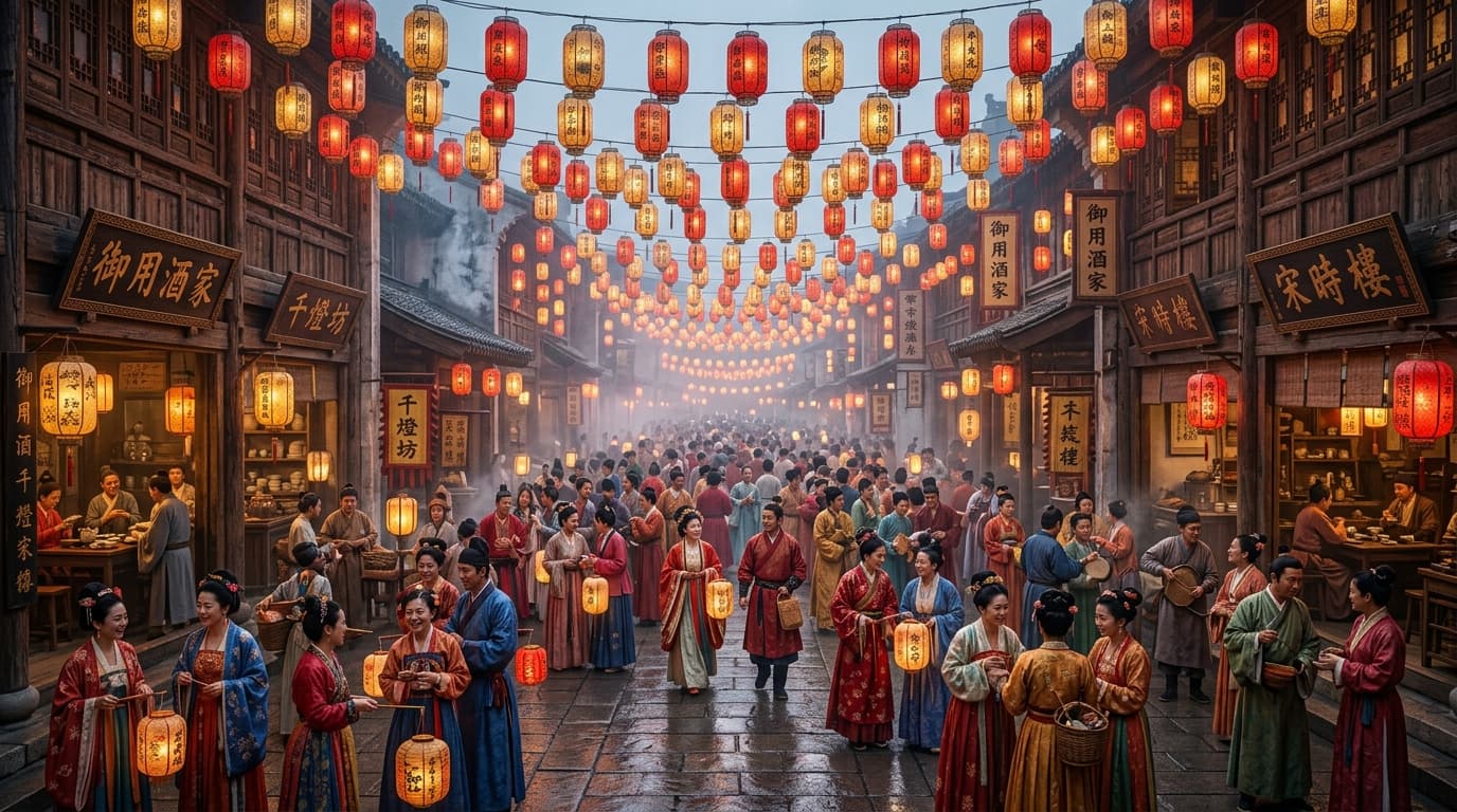 A Song dynasty night street lined with hundreds of glowing paper lanterns, crowds reflected in wet stone.