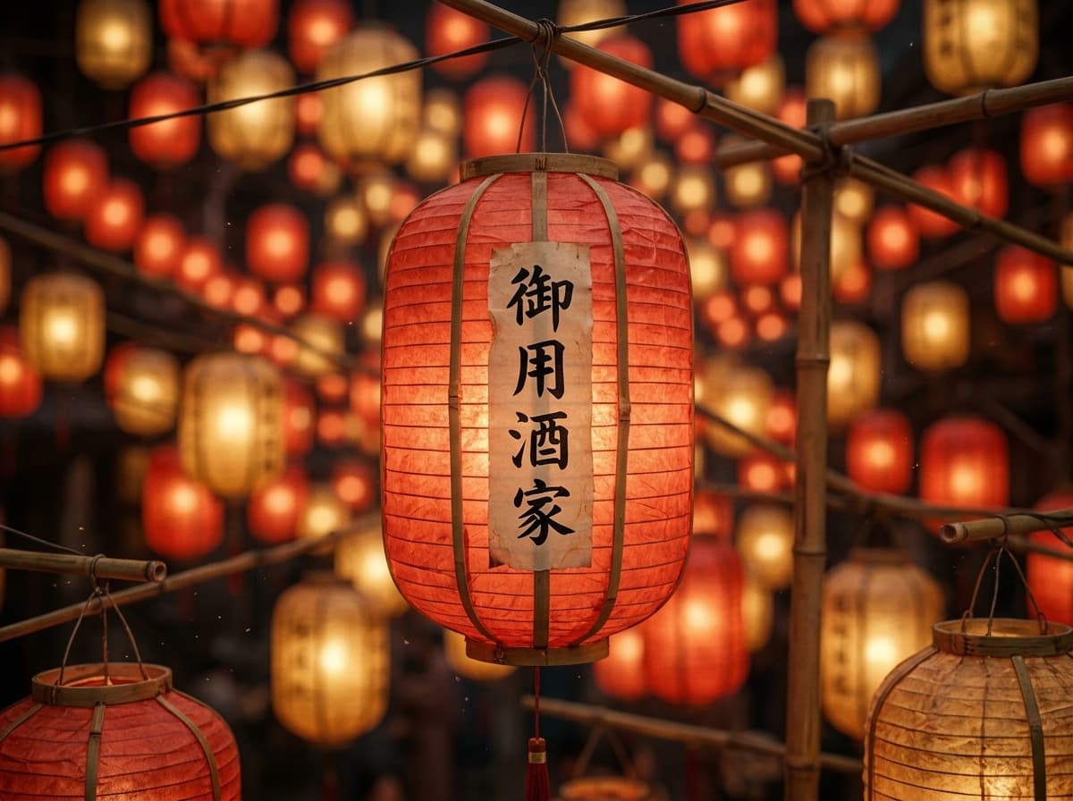 A single glowing paper lantern with a paper riddle slip pasted to its frame.