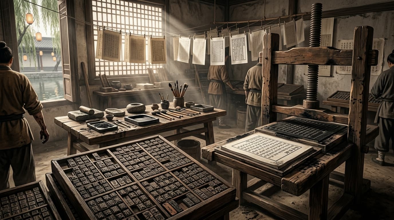 A Song printing workshop with trays of clay movable type and a wooden press under warm lamplight.