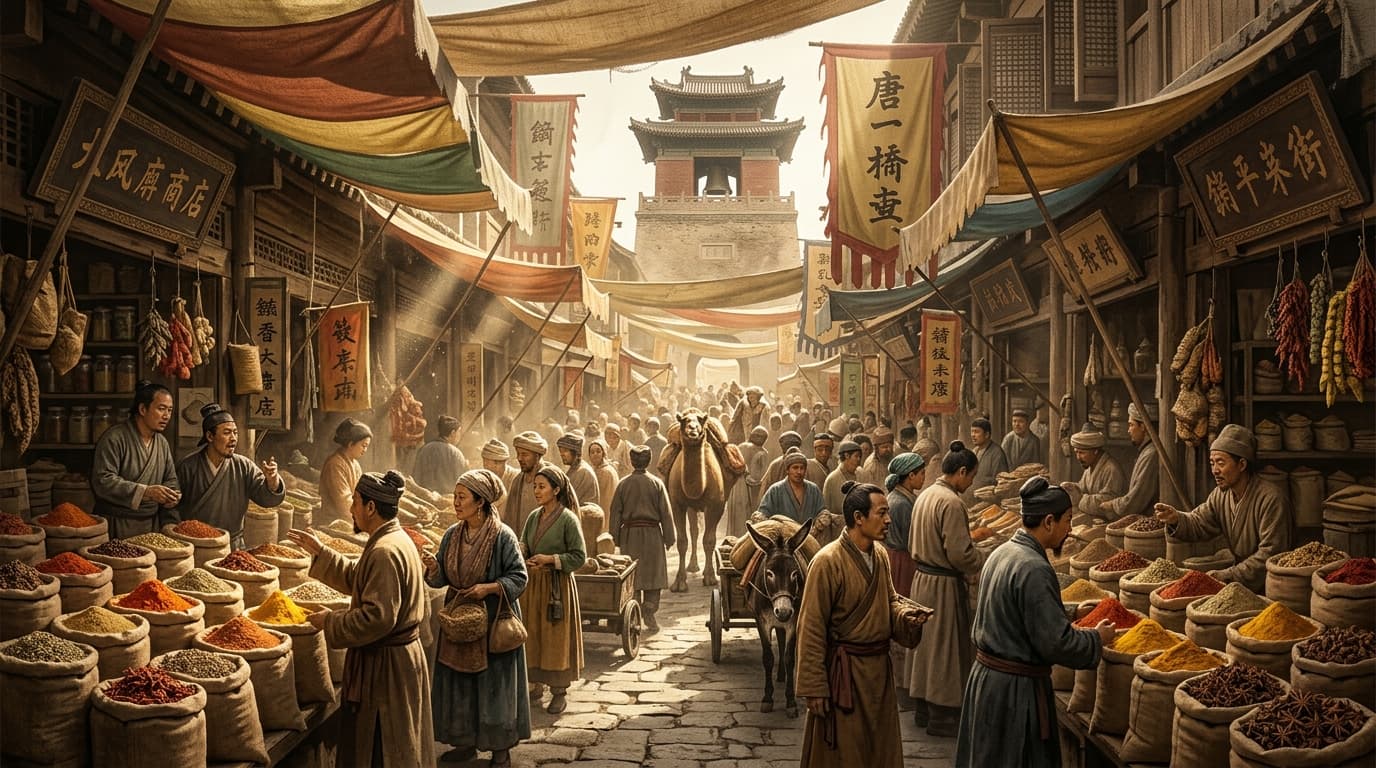 The West Market of Chang'an at noon, crowded lanes of spice stalls under cloth awnings with the bell tower behind.