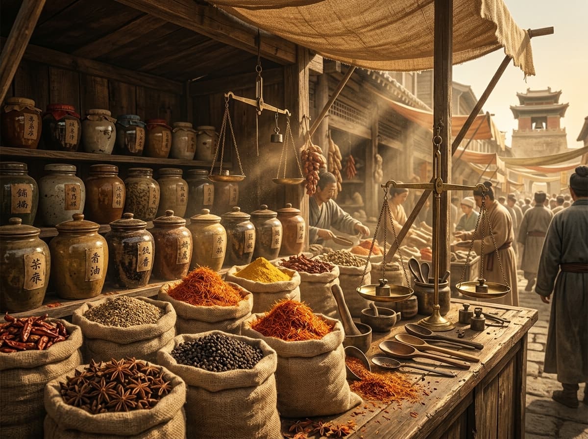 Spice stall in the West Market, jars and open sacks of saffron and pepper.