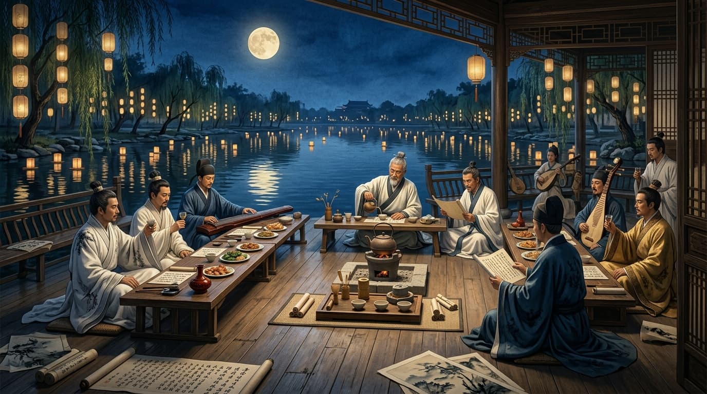 A moonlit Tang banquet beside Qujiang Pool, wine cups and lanterns reflected in still water.