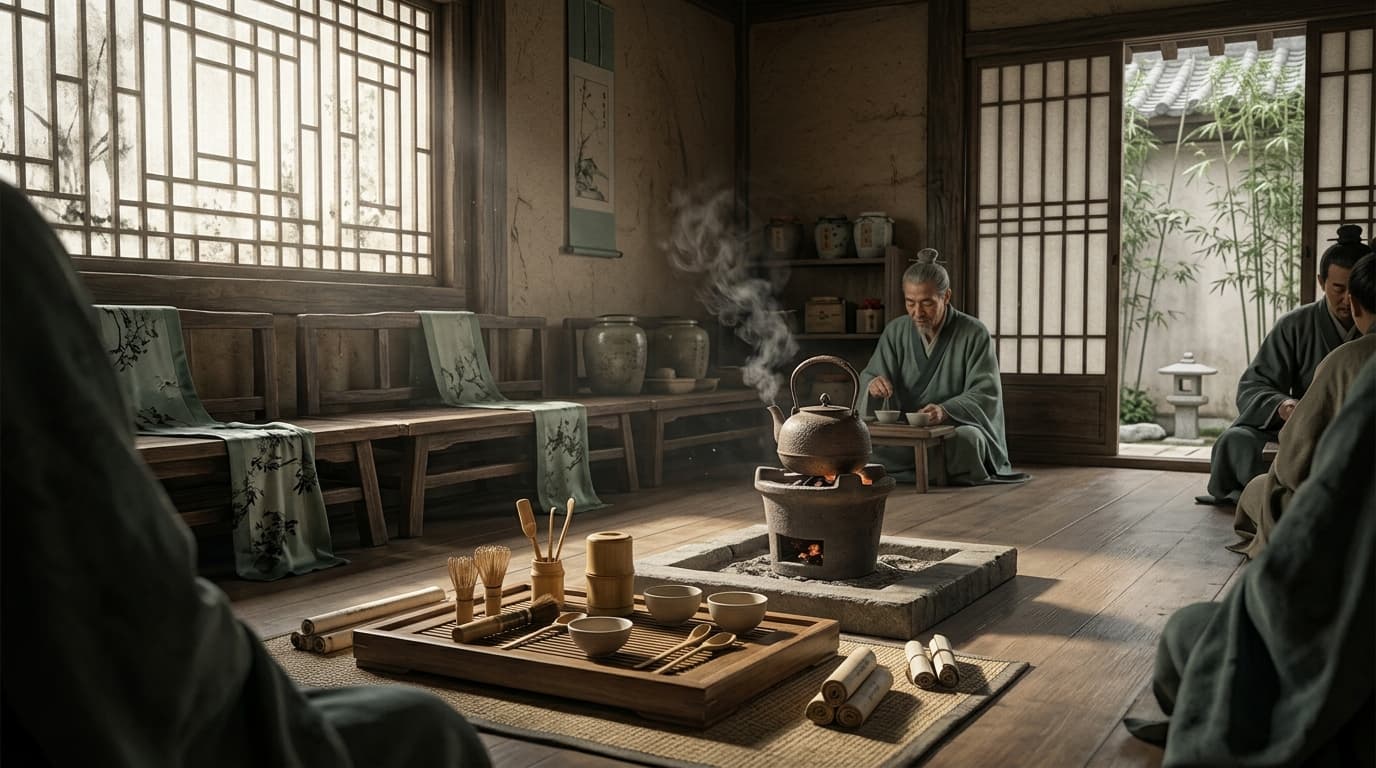 A low, quiet Tang tea house interior, steam rising from an iron kettle on a charcoal brazier beside a lattice window.