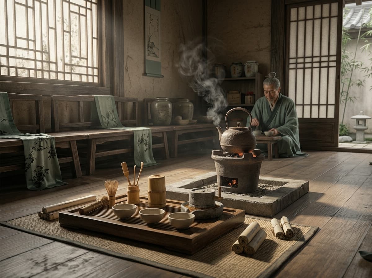 Iron kettle steaming on a brazier beside bamboo tea utensils.